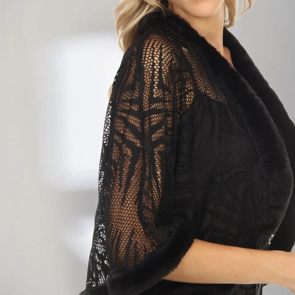 NWT Size M LINDI Black Lace Faux Fur Trim Open Front Cropped Jacket J1621 - Picture 4 of 5